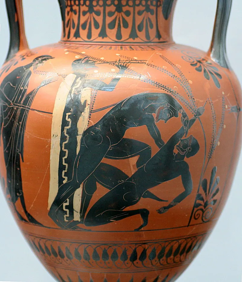 800px-Boxers_Staatliche_Antikensammlungen_1538, Halsamphore, ca 510-500 v. Chr. Boxer wird mit Gerte geschlagen, weil er von Besiegtem nicht abläßt.jpg