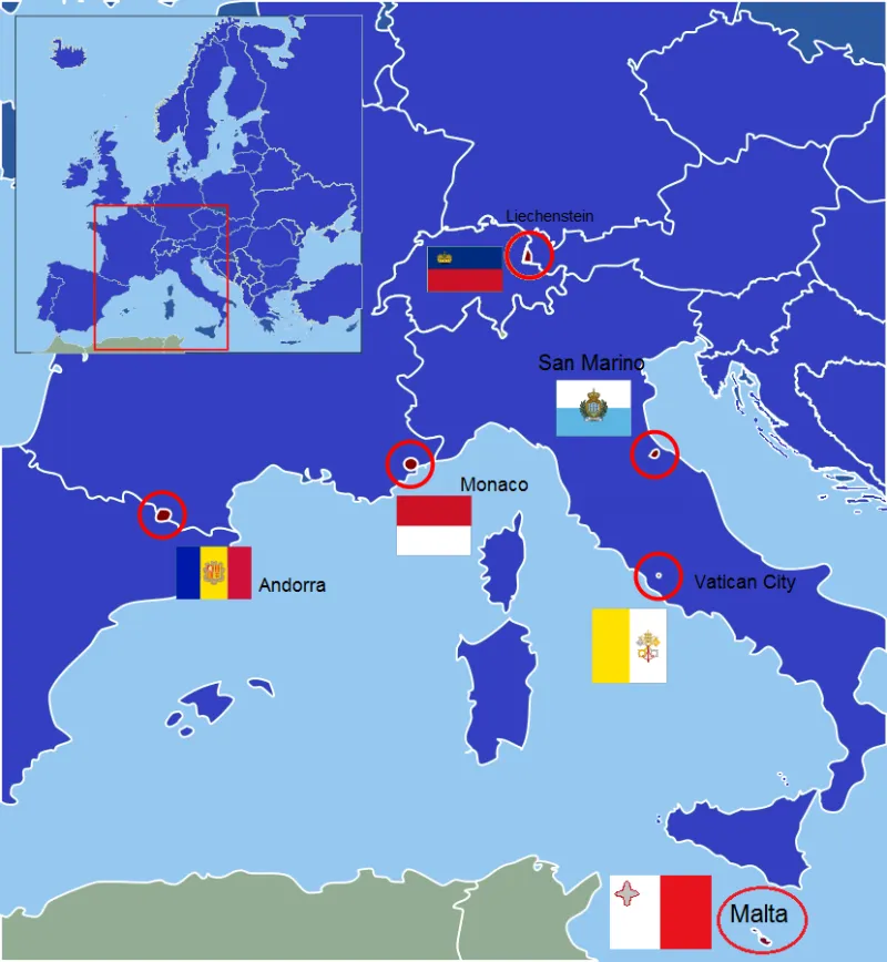 European_ministates_map, Europ. Zwergstaaten mit besonderem Rechtsstatus, Paasikivi , CC BY-SA 4.0