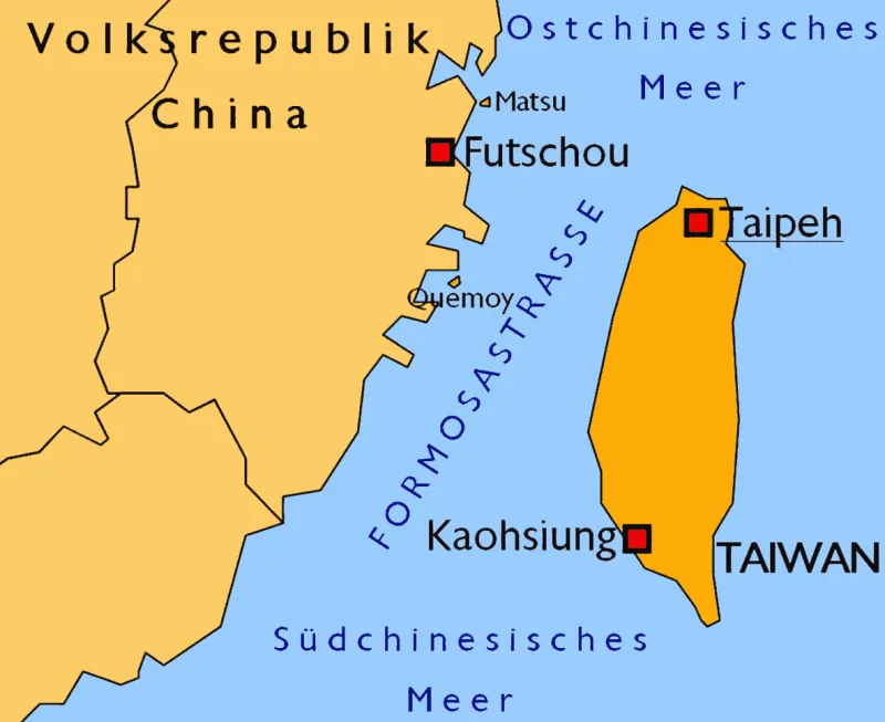 Taiwan-Karte, Taiwan- bzw. Formosastraße 180 km breit