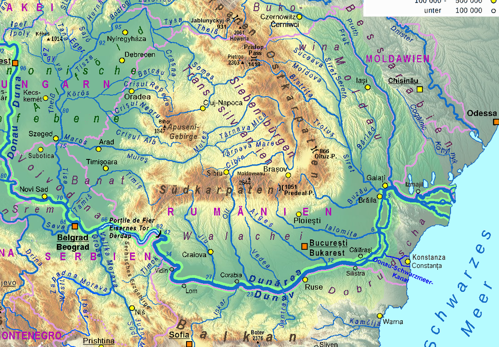 Donau_Einzugsgebiet, Teilkarte Rumänien, TonGonzales,major revision by Ulamm in 2016, CC BY-Sa 2.0.png